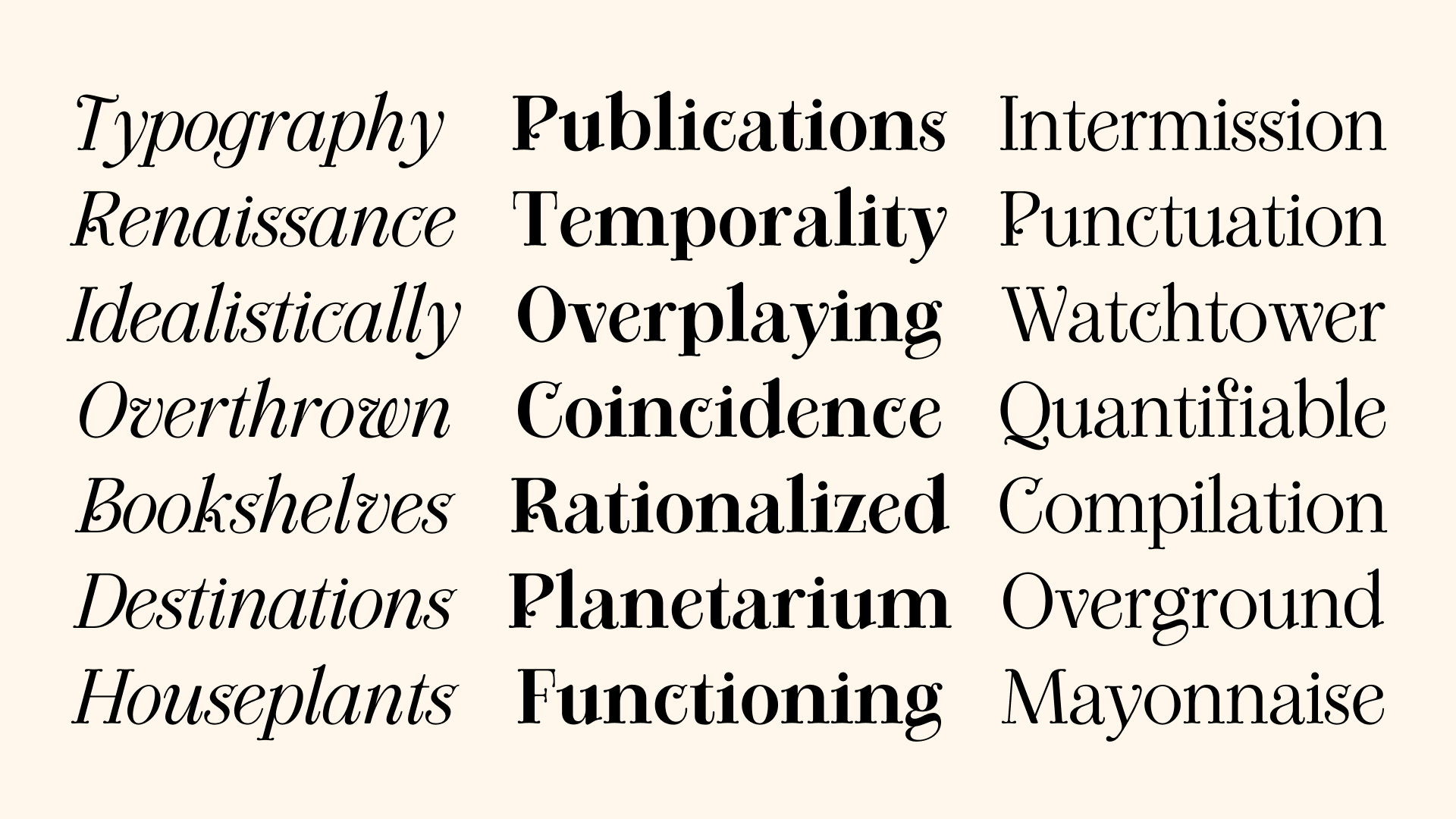 Waterfall text examples showing Italic, Black, and Regular.