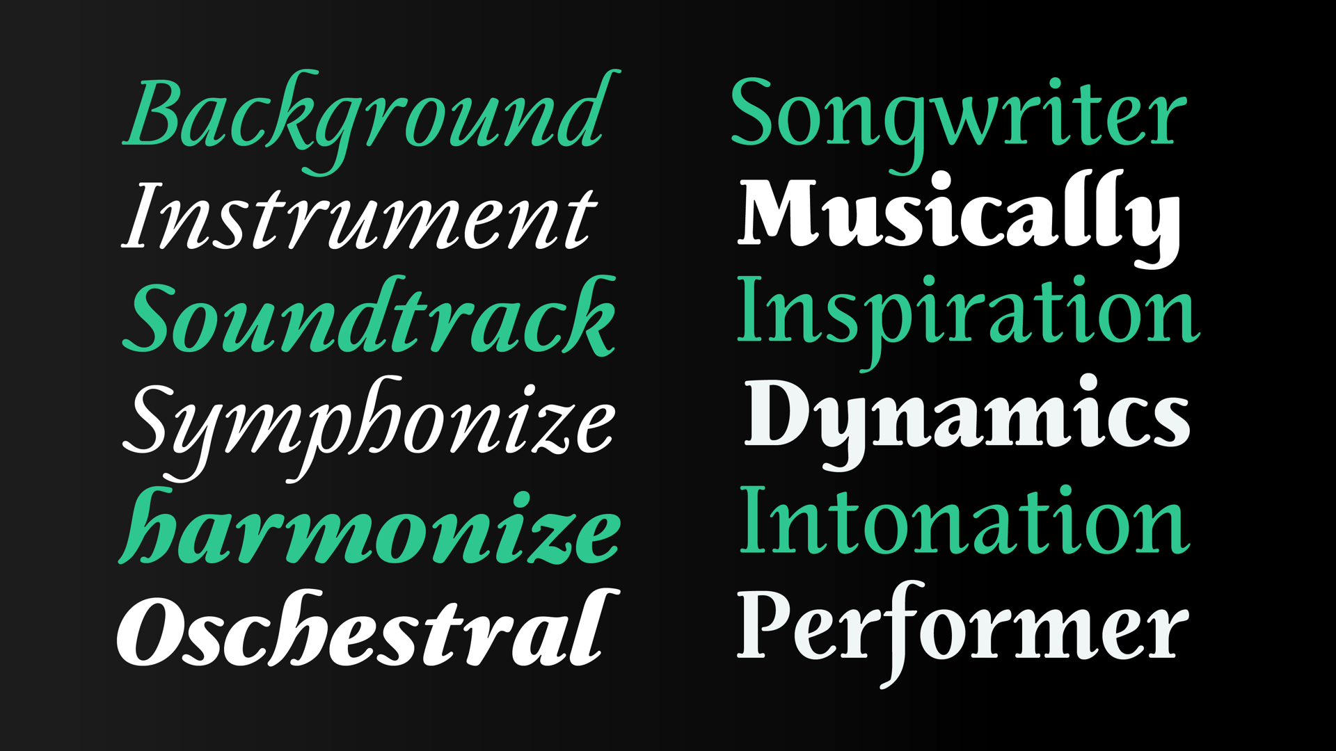 Words related to music presented in the different styles and weights of the type family.