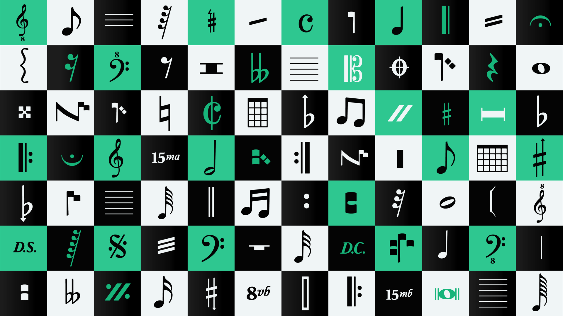 Background with black, aqua green and white squares. On the top layer are the musical symbols from the Symphony type family.
