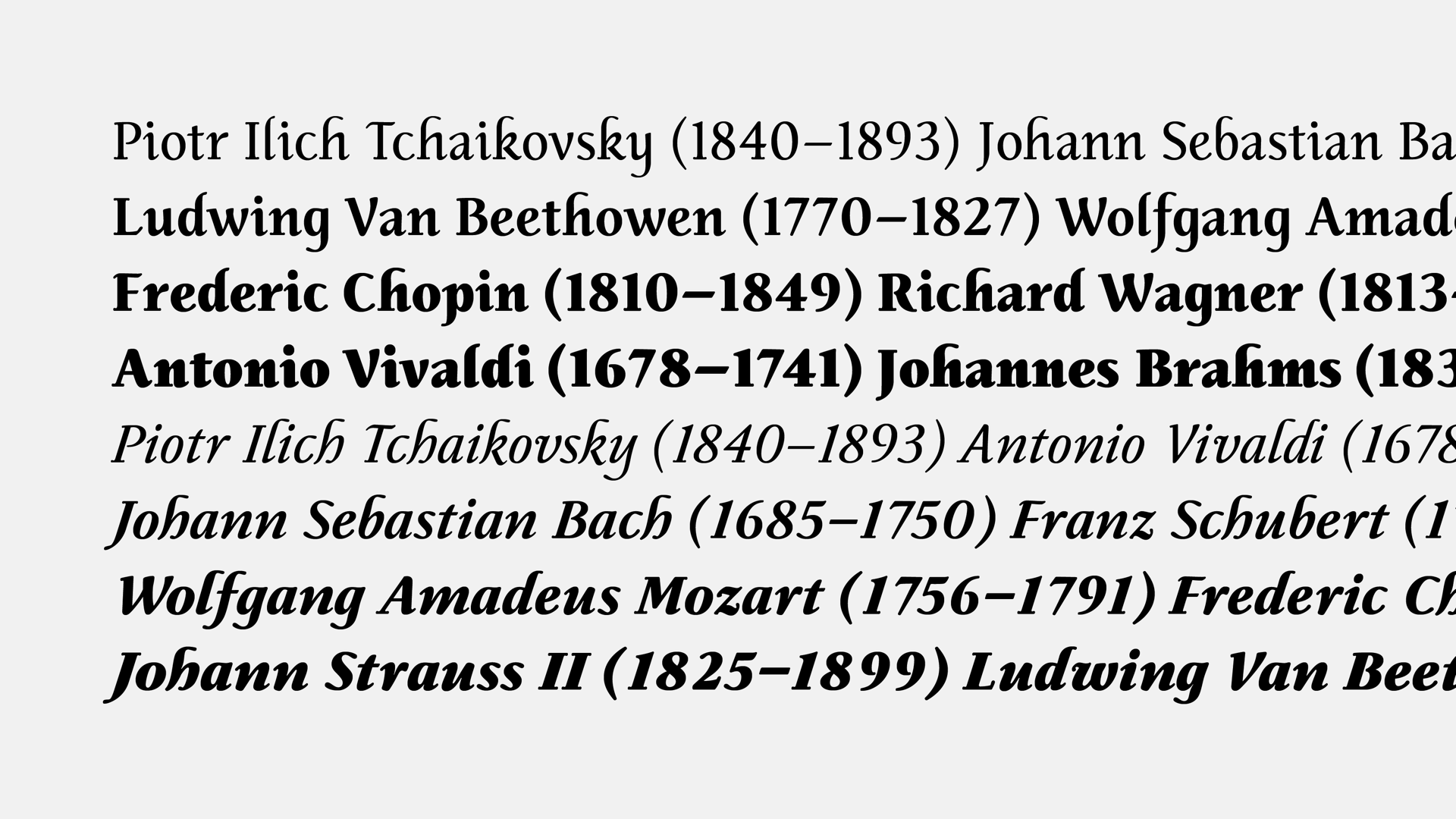 Light gray background. On the top layer, the names of several artists who composed symphonies, such as Mozart and Bethoven, are written in black text.