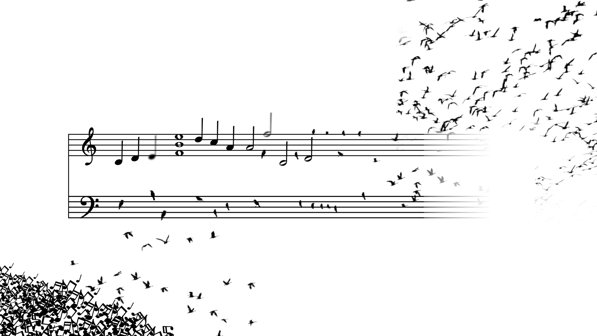 White background. The top layer presents a musical score with some notes and passages over the lines of the musical score. On the left it presents several musical notes together that turn into birds flying on the right.