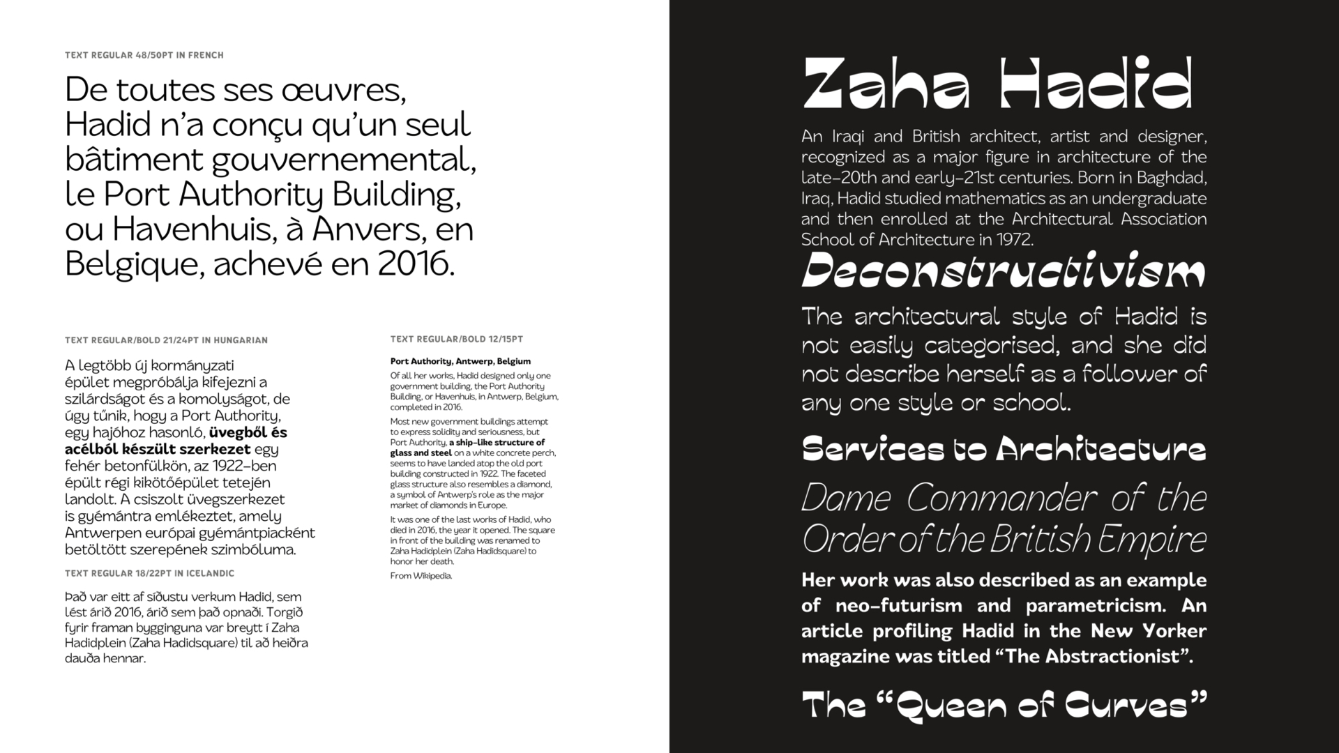 Text mockup about Zaha Hadid of display and text styles.