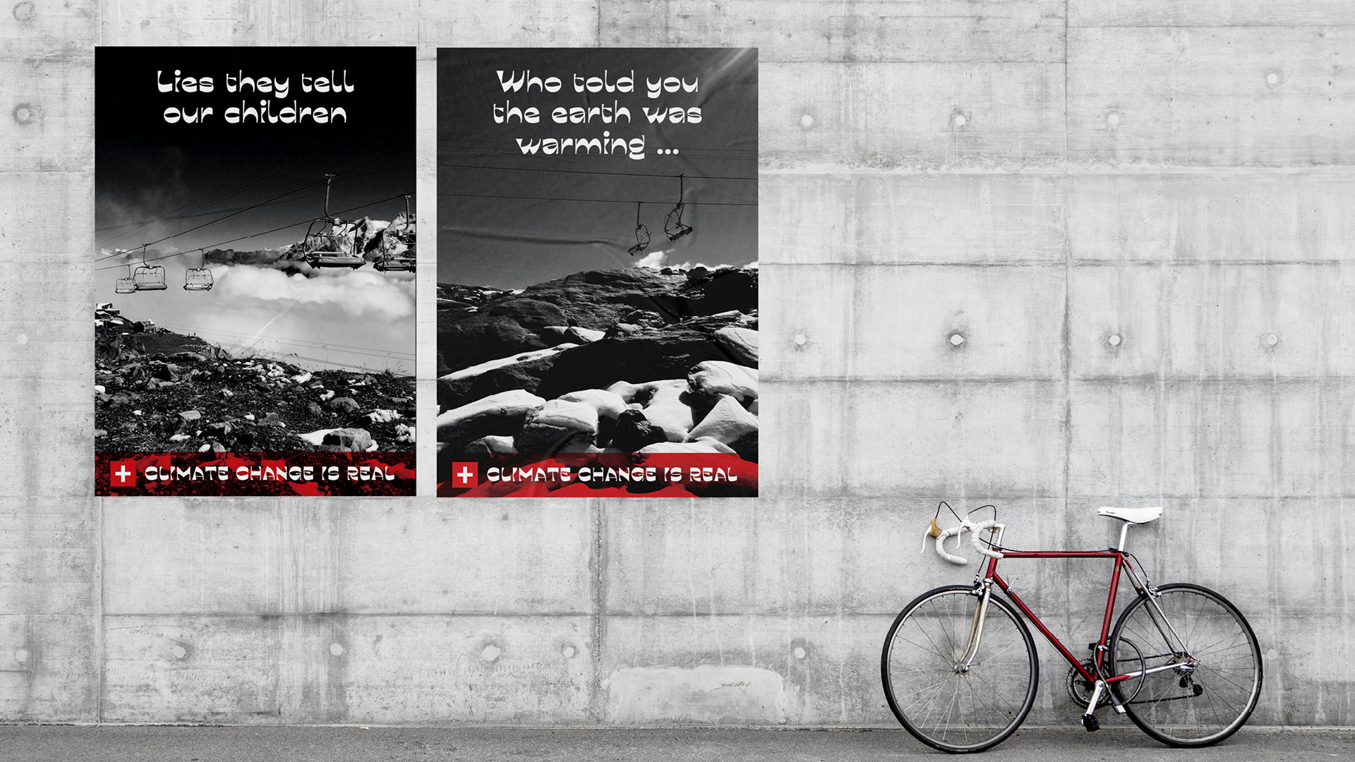 Two poster mockups about the effects of climate change on a concrete wall.