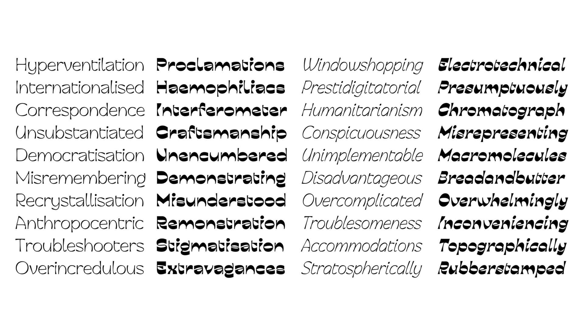 Series of long words in the four main display styles.